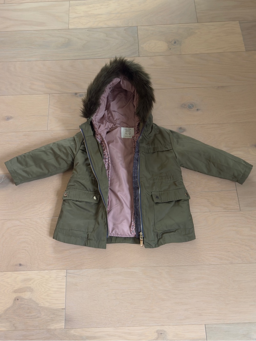 Zara baby kids toddler girls green hooded fur coat pink jacket size 2-3 years